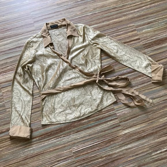 David Bitton Sheer Gold Paisley Faux Wrap Long Sleeve Top with Waist Tie Vintage - Picture 3 of 7
